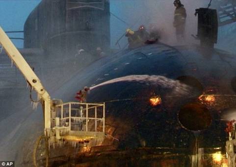 Massive blaze: A fire aboard a Russian nuclear submarine at an Arctic shipyard has been extinguished. Several crew members remained inside the sub during the incident