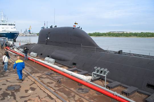 The first multirole Yasen K-560 Severodvinsk submarine by the pier of the Sevmash shipyard in Severodvinsk.